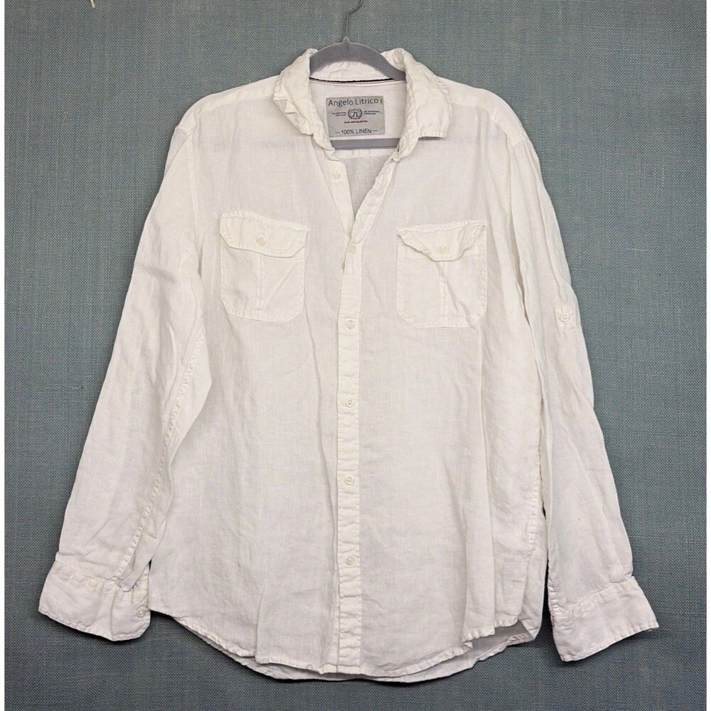 Angelo Litrico 100% Linen White Button Up Long Sleeve Shirt Mens Large 41/42